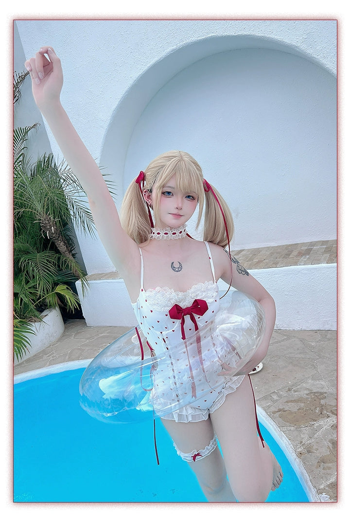 Tan Tuan~Heartbeat Melody~Red & White Lolita-Inspired Swimsuit Set 42997:761393