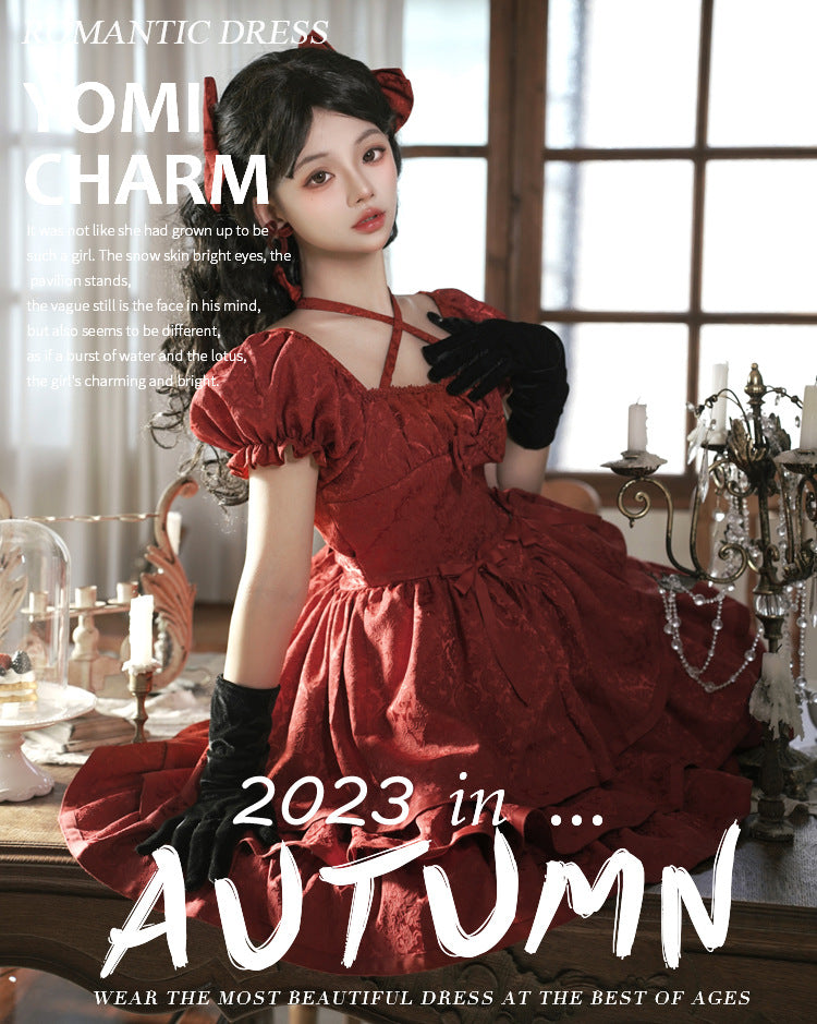 Eieyomi~Elegant Lolita Short Sleeve Red Dress