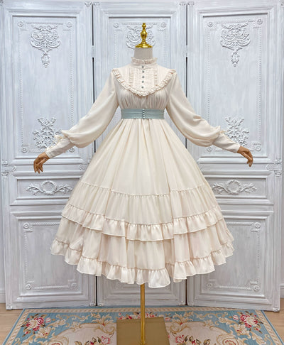 Little Dipper~Windsor Princess~Elegant Lolita Dress Stand Collar OP Dress Multicolors S light apricot thin waistband short dress 
