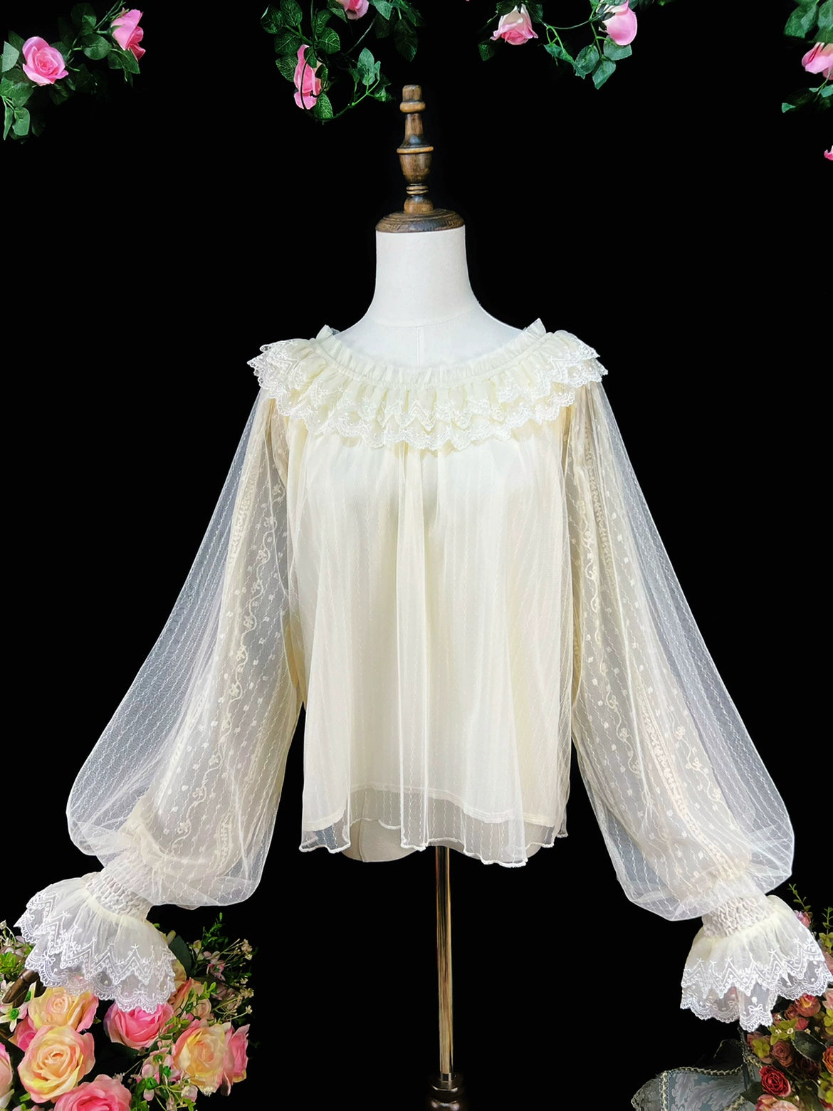 DMFS - Long Sleeve Lolita Shirt Gauze Blouse Mutton Sleeves apricot One Size
