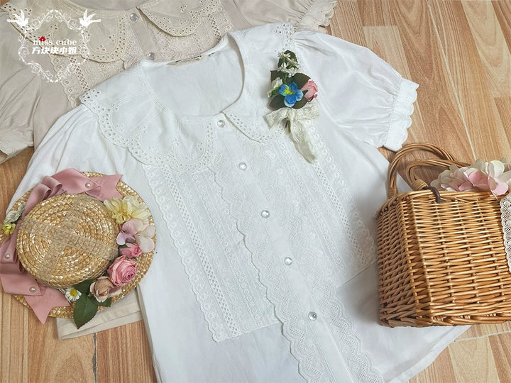 Miss Cube~Antique Label~Sweet Lolita Shirt Cotton Blouse Embroidered Collar