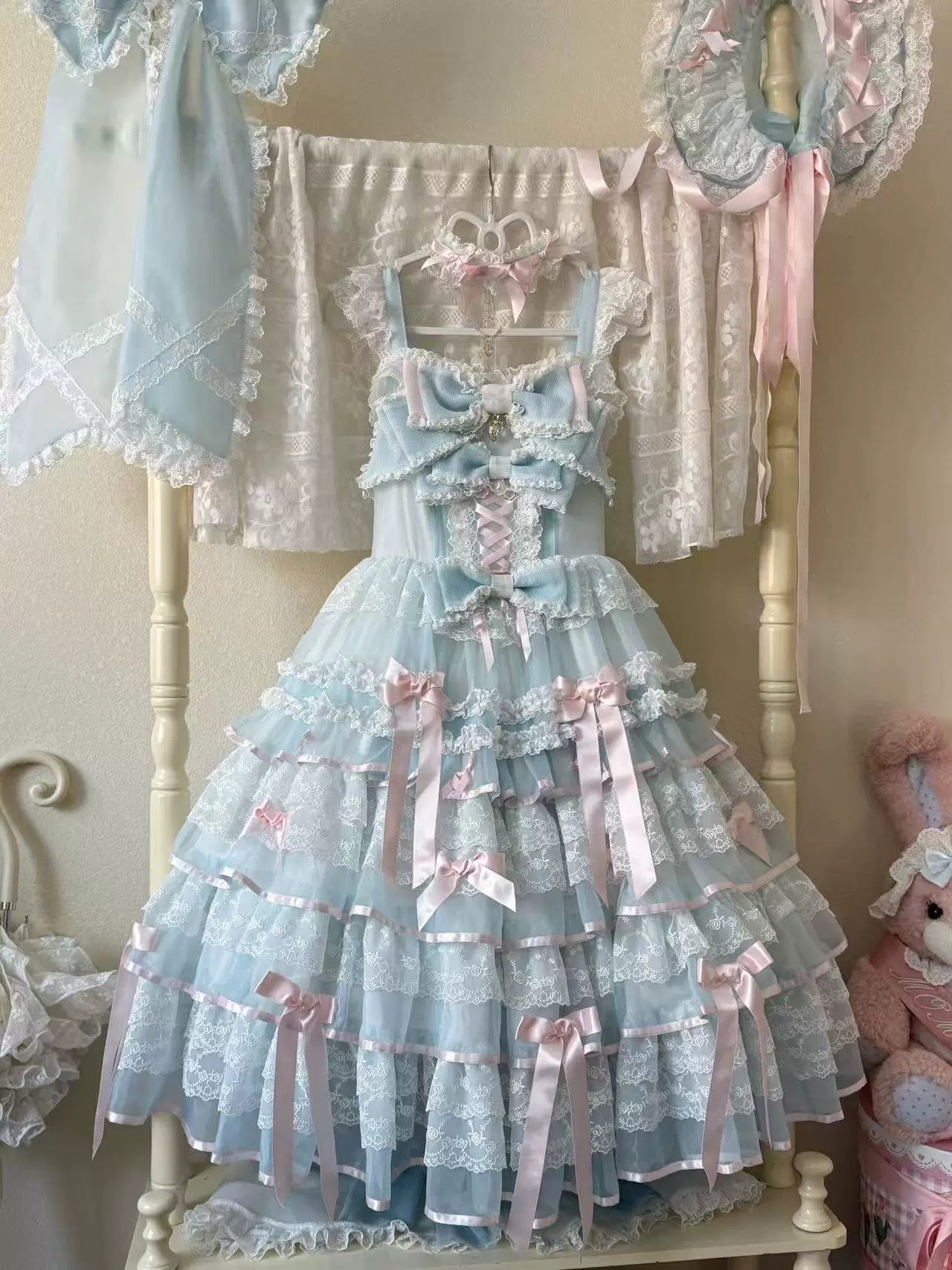 Sakura Snow Love Song - Wedding Sweet Lolita JSK Dress, Lace & Bows Details (Blue-pink / 2XL L M S XL) 44530:812442