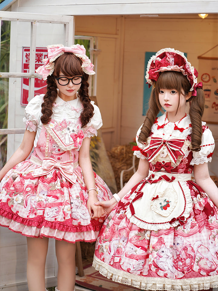 Mewroco~Strawberry Cat~Sweet Lolita Dress Suit JSK and Salopette with Cat Prints