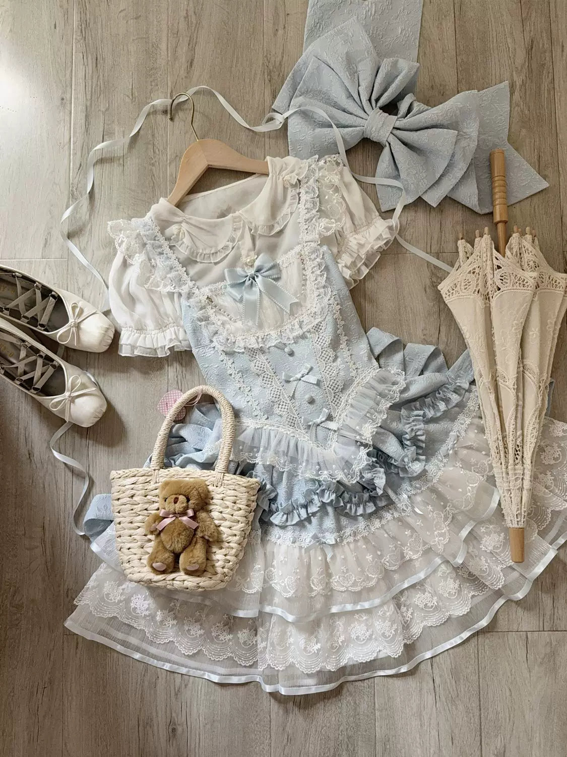 Ballet Dream - Sweet Lolita JSK Dress, Petal-like Layered Skirt Blue - JSK + Back Trailing Bow S