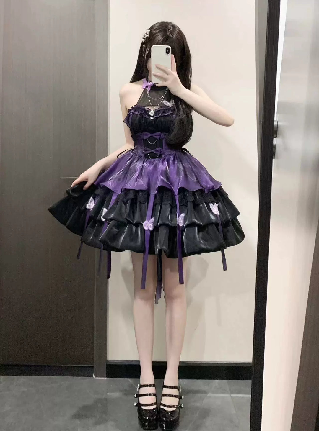 Platycodon House~Love Goddess~Elegant Lolita Dress Halter Puff Princess JSK Dress XS black and purple dress - halter style (without trailing veil) 