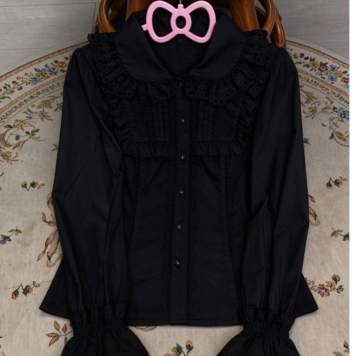 Frostgrain - Cotton Sweet Lolita Long Sleeve Blouse, Peter Pan Collar (Black / L M S XL) 46094:874653