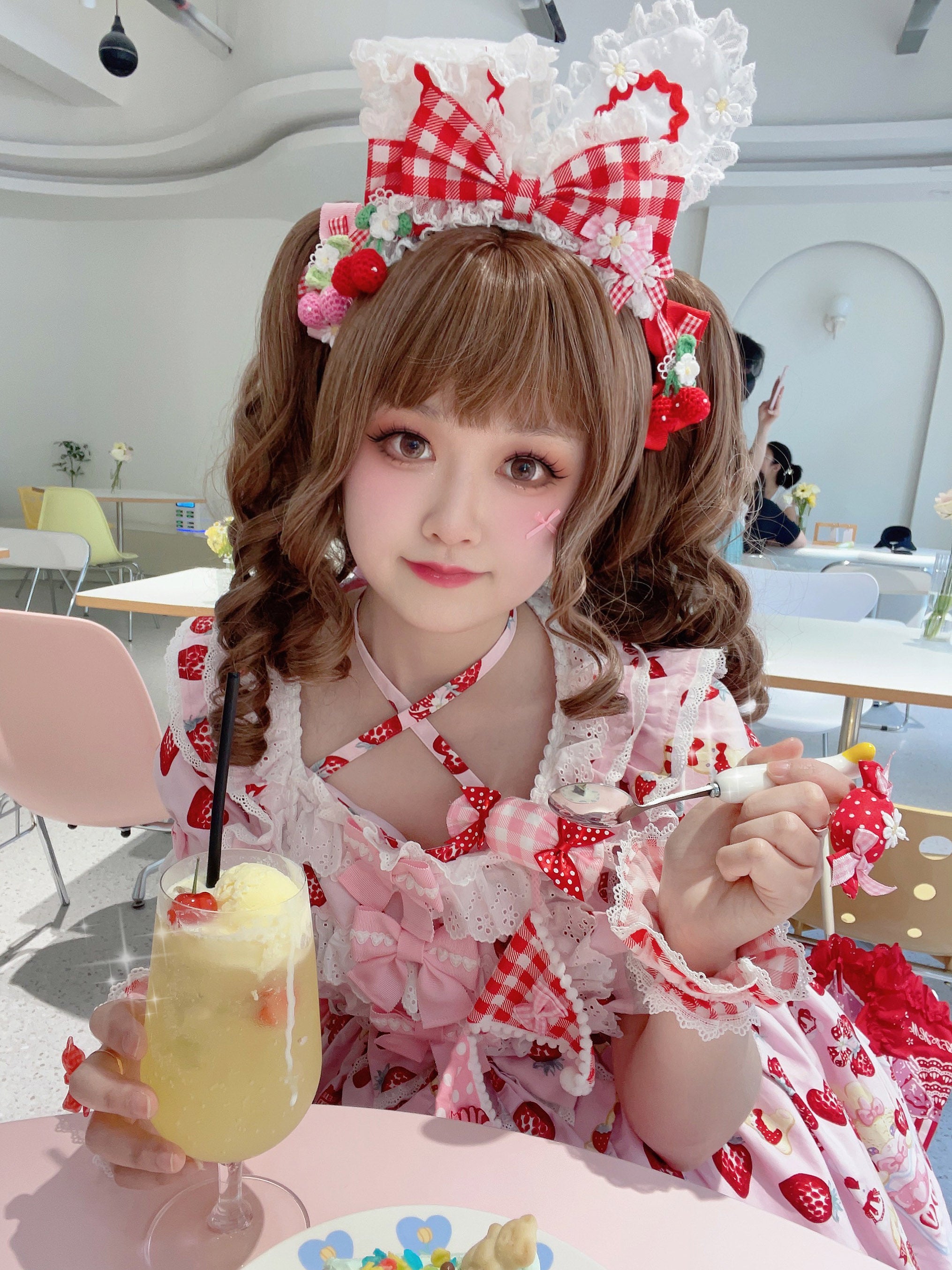Cheese Cat - Sweet and Playful Strawberry Gingham Lace Cuffs