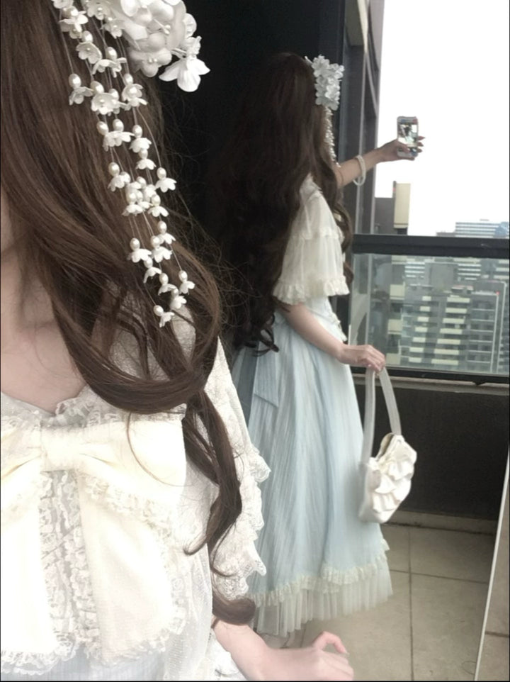 Kuma~Little Wind Chime~Elegant Lolita OP Water Blue Dress With Decorative Tulle Cape