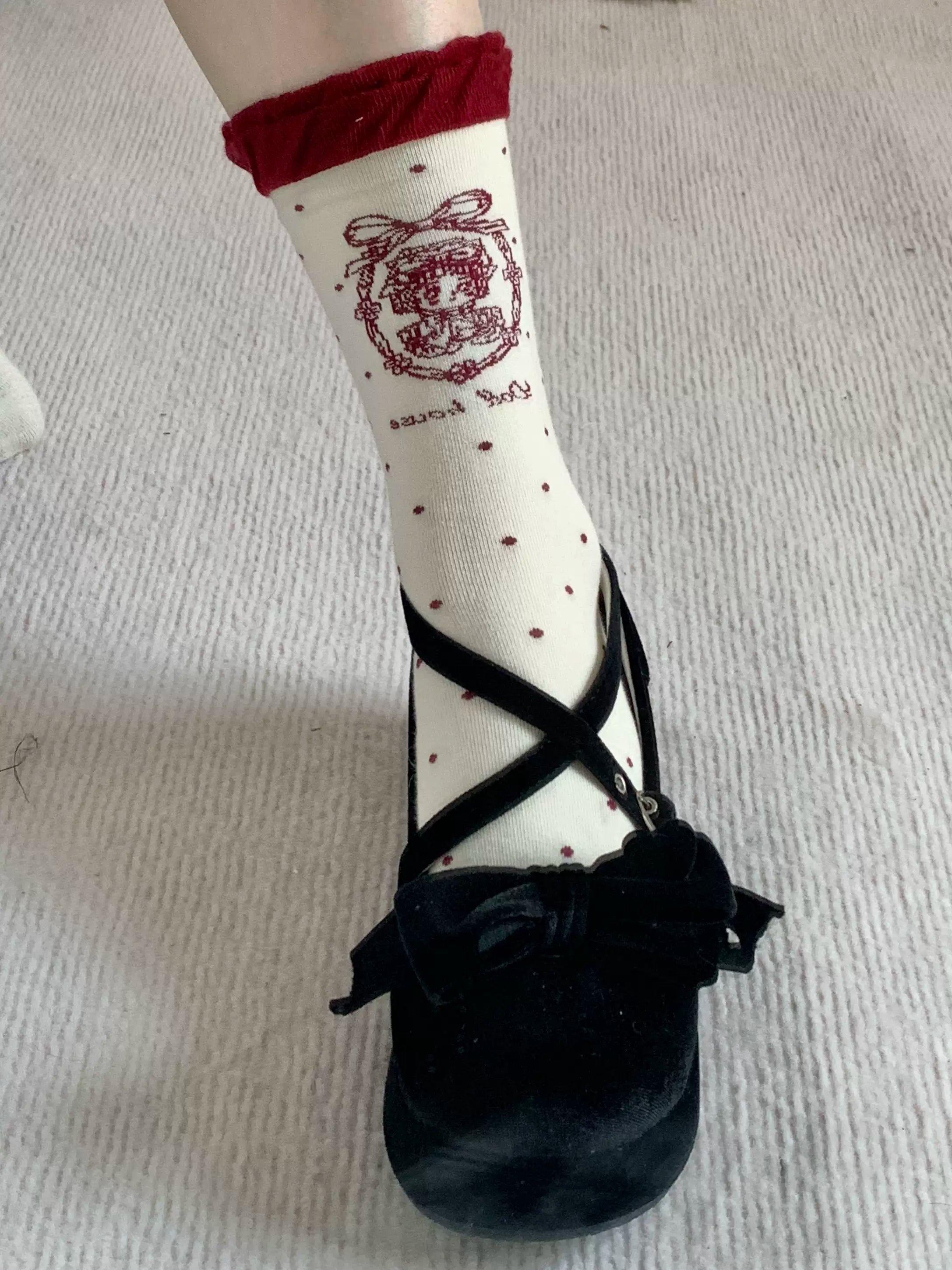 Roji Roji - Kawaii Cotton Lolita Socks Mid-calf Socks One Size Wine-red mid-calf socks / about 12.6" (32 cm)