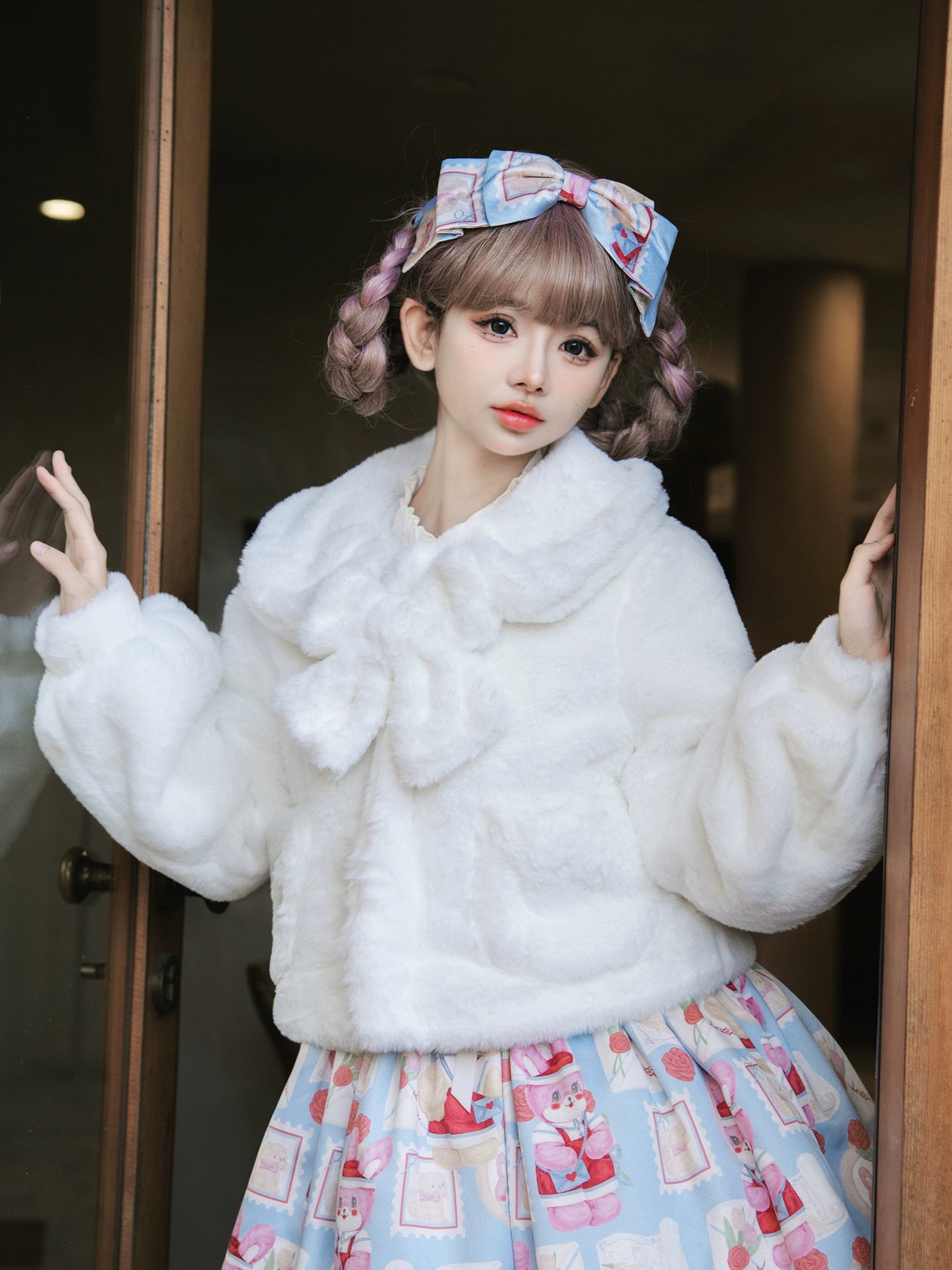 Eieyomi~Daily Lolita Coat Imitation Rabbit Hair Short Winter Coat S White 