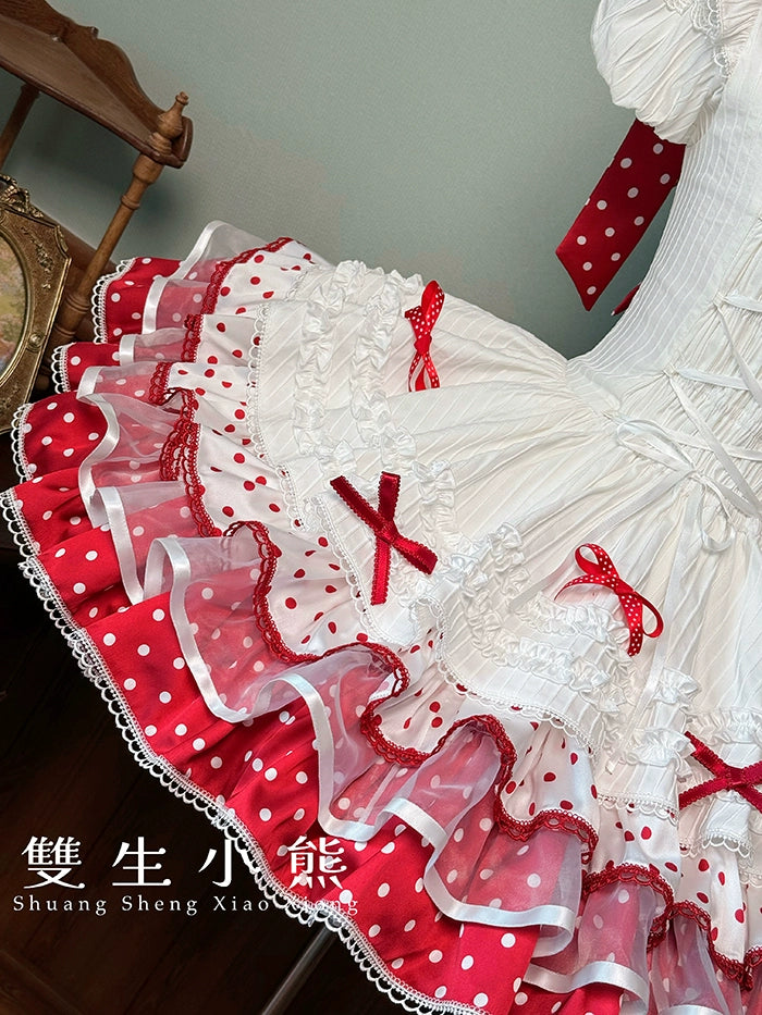 Shuang Sheng Xiao Xiong - Bite The Cake - Sweet Lolita Dress, Red & White Polka Dots