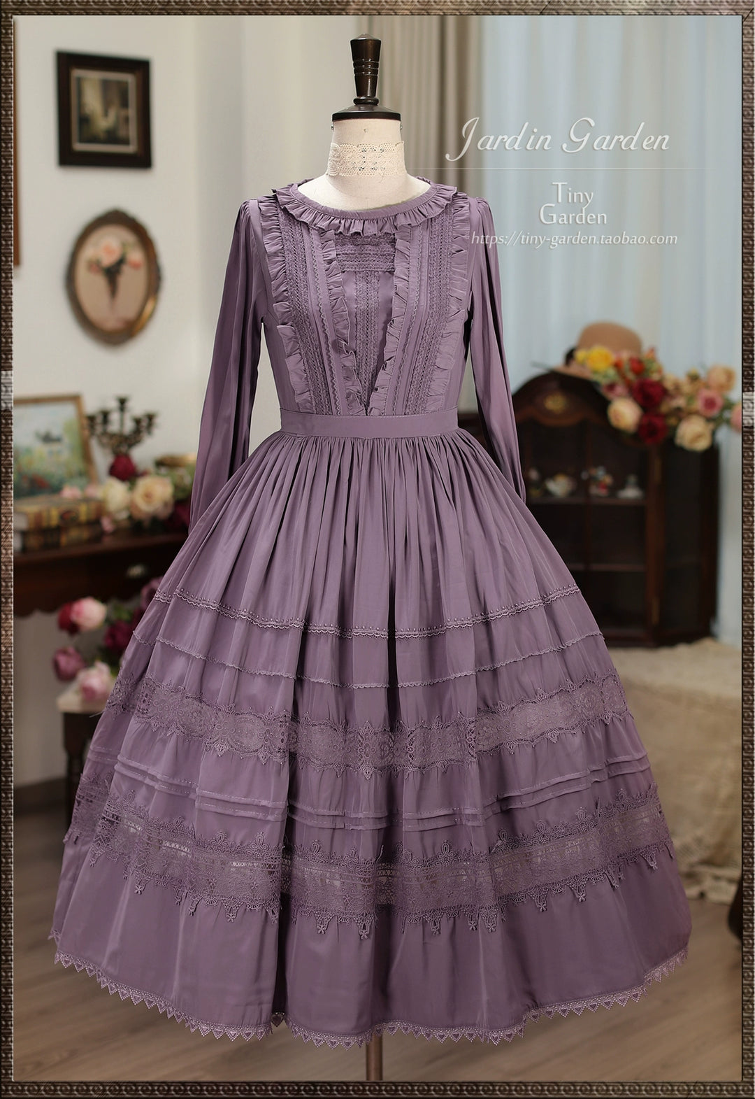 Tiny Garden~Spring Whispers~Elegant Lolita OP Dress French Style Long/Short Sleeve Long sleeve S (long length) Iris purple (Thin chiffon)