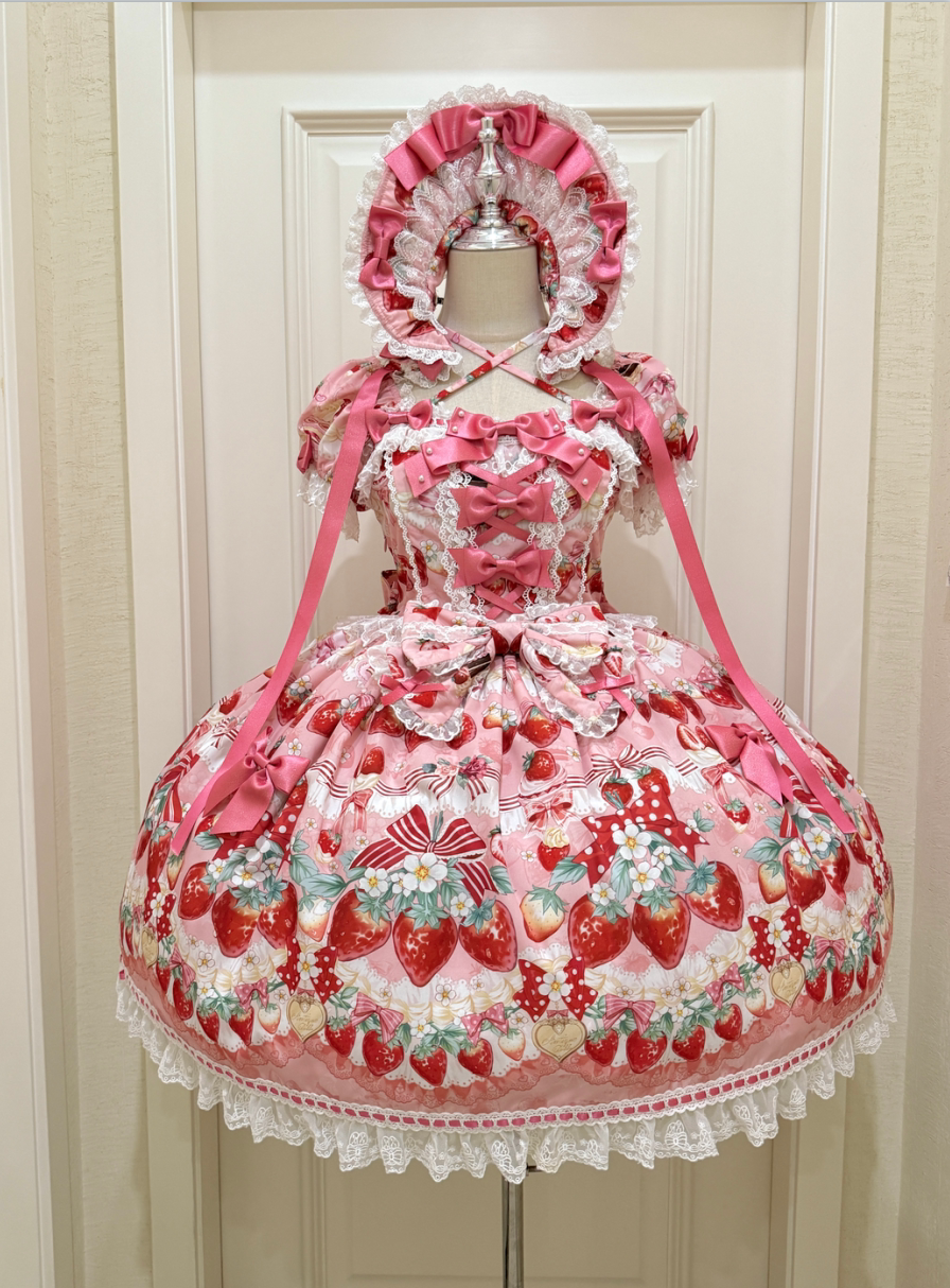 Strawberry Cream Bouquet - Printed Sweet Lolita OP Dress, Halter Neckline Light Pink - OP Only (excl. BNT) S