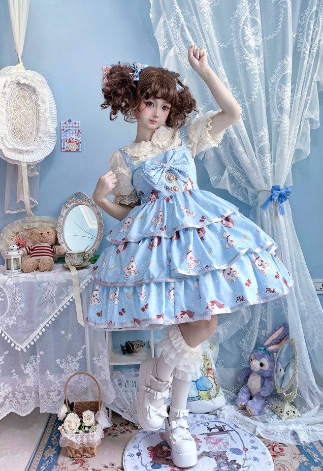 Night Never Sleeps~Bobble Bunny~Kawaii Lolita JSK Tiered Ruffles Dress with Bunny Print