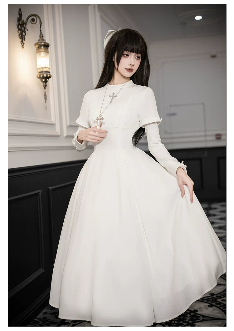 Nihil - Gothic Nun Lolita OP Dress, Irregular Hem Cape 44717:819697