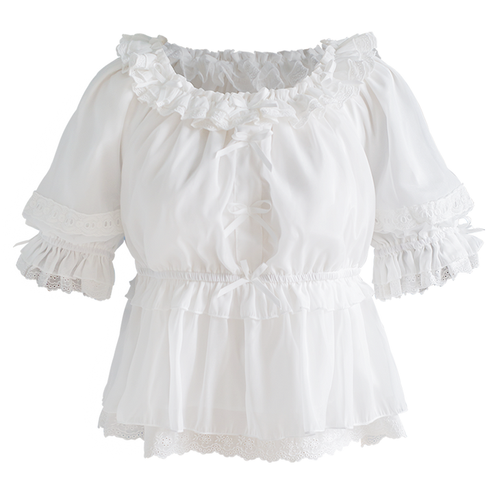 OCELOT~Sweet Lace Lolita Blouse Double-Wear Short Sleeves Shirt S White 