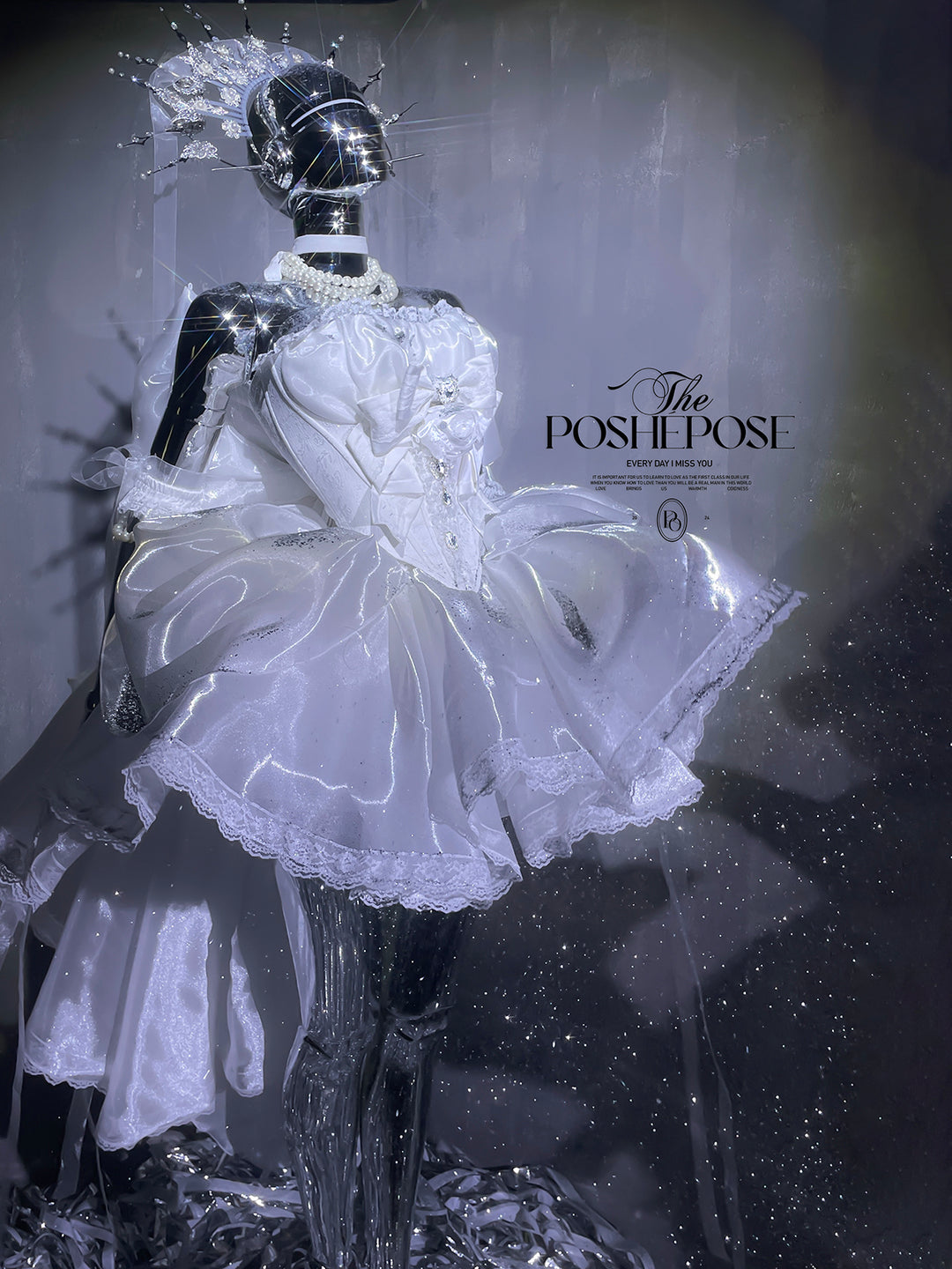 POSHEPOSE~Moonlight Oath~White Lolita Satin Skirt Set with Bodice and Bow Trailing