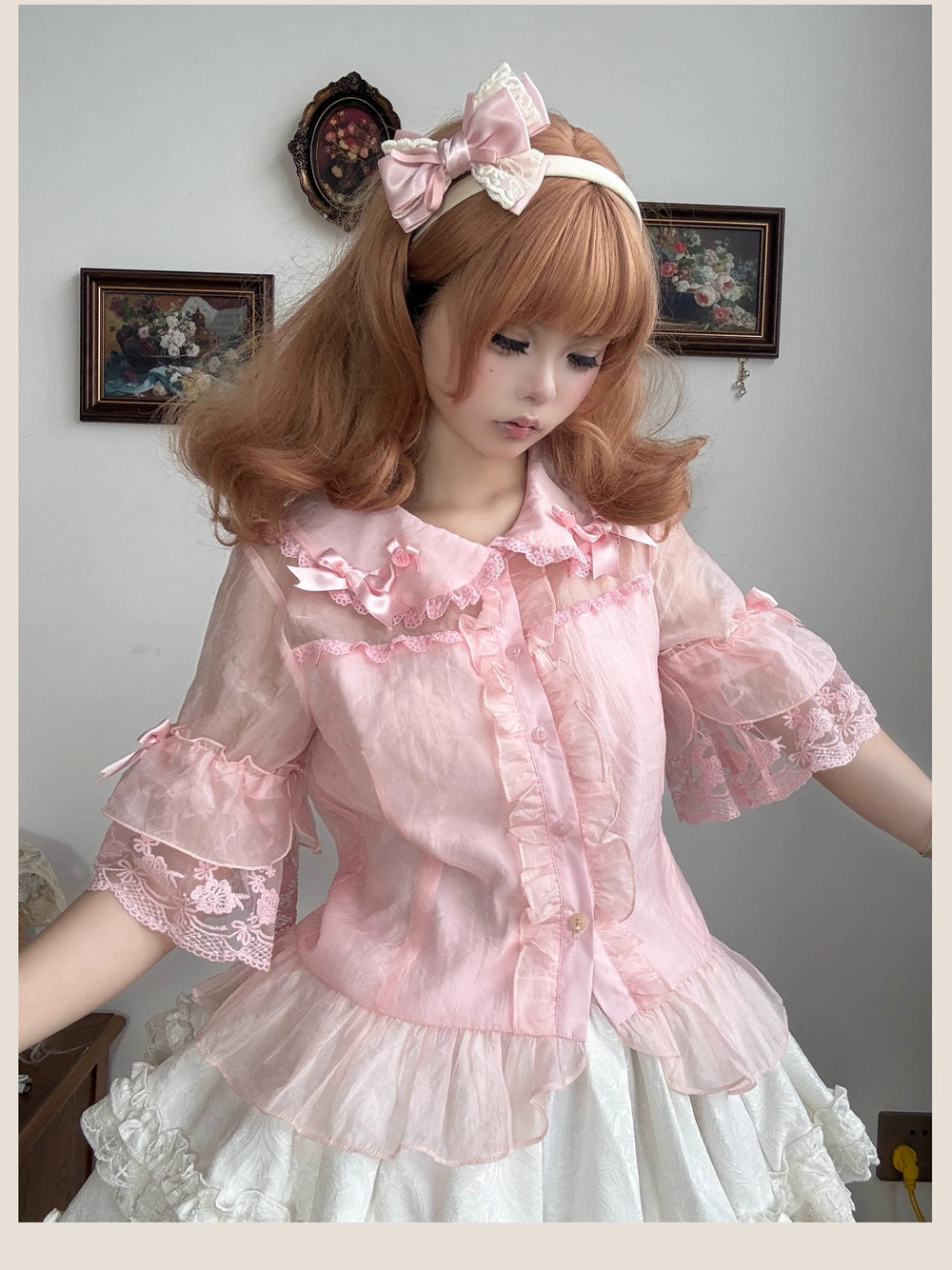 TaTaTa Lolita~Flower Wall~Sweet Lolita Blouse Chiffon Kawaii Half-Sleeved Shirt
