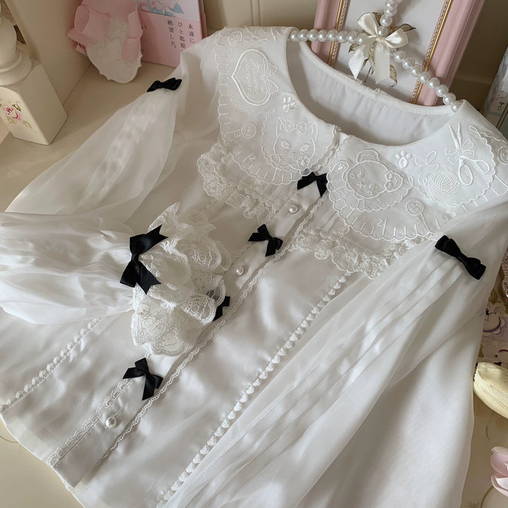 Flower Banquet~Sweet Lolita Blouse Embroidered Shirt with Long Sleeve S White X Black Bow 