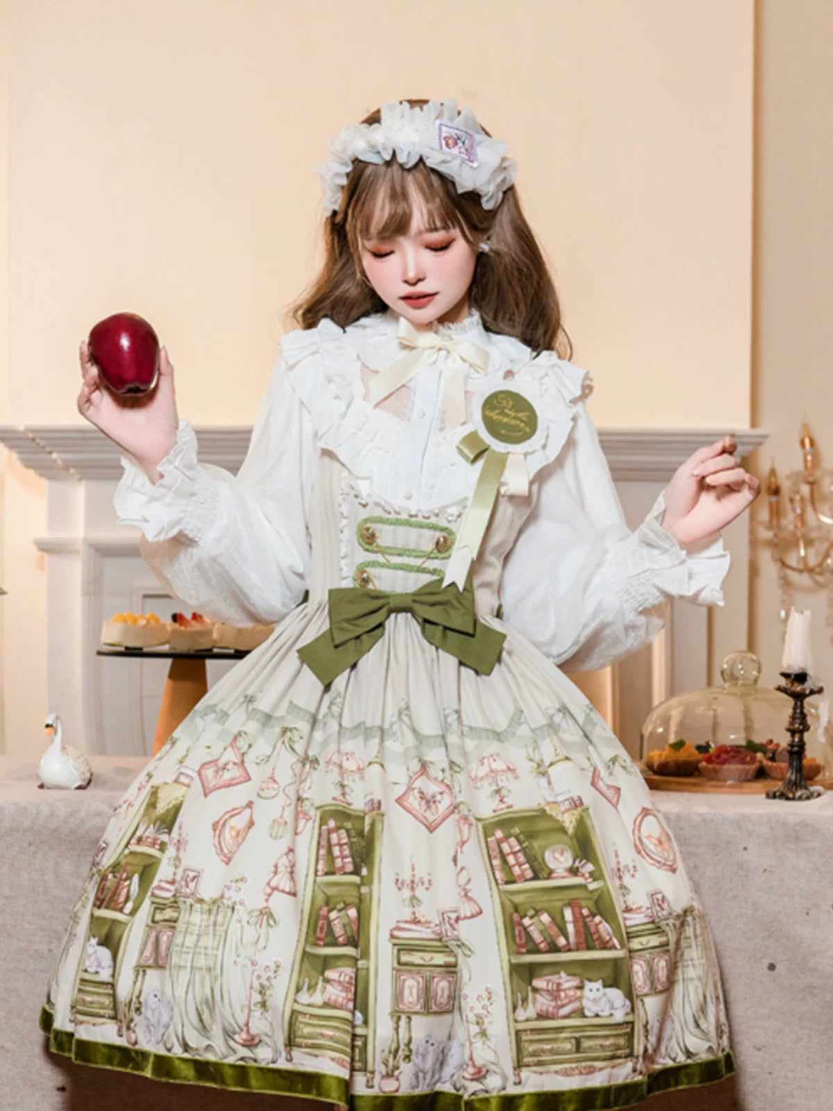 Aurora's Bookroom - Classic Lolita Bust-support JSK Dress with Bookstore Print Light Green Bust-support JSK Only S