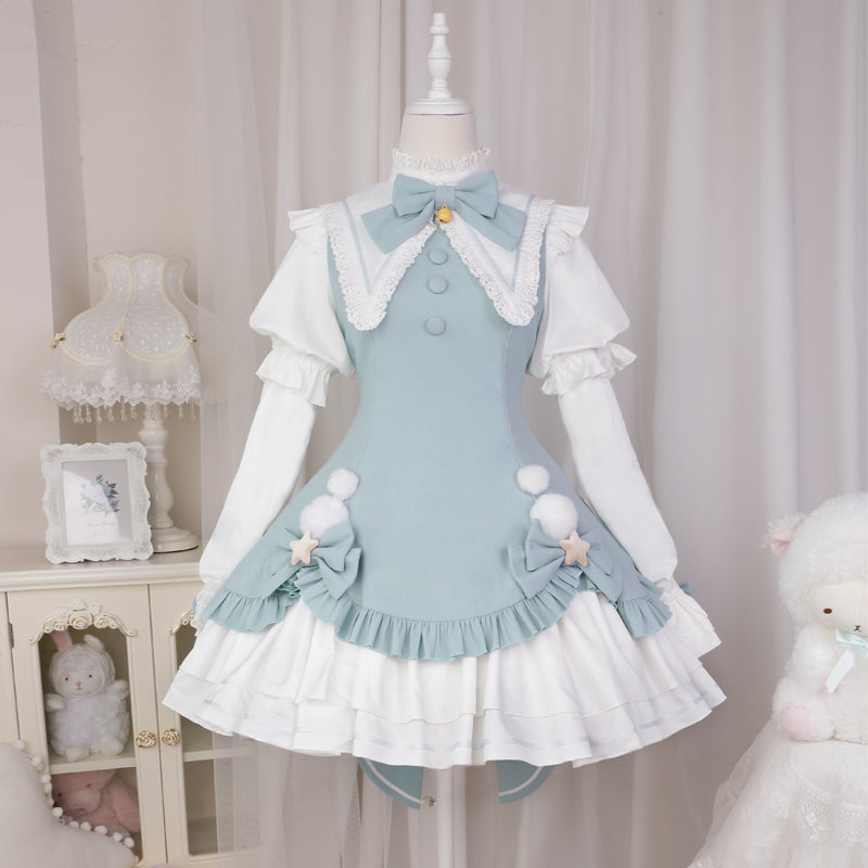 Your princess~Magic Girl~Sweet Lolita Long Sleeve OP Christmas S blue long-sleeved dress + bow at the back 