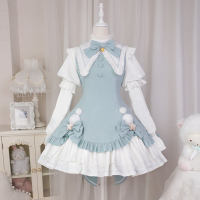 Your princess~Magic Girl~Sweet Lolita Long Sleeve OP Christmas S blue long-sleeved dress + bow at the back 