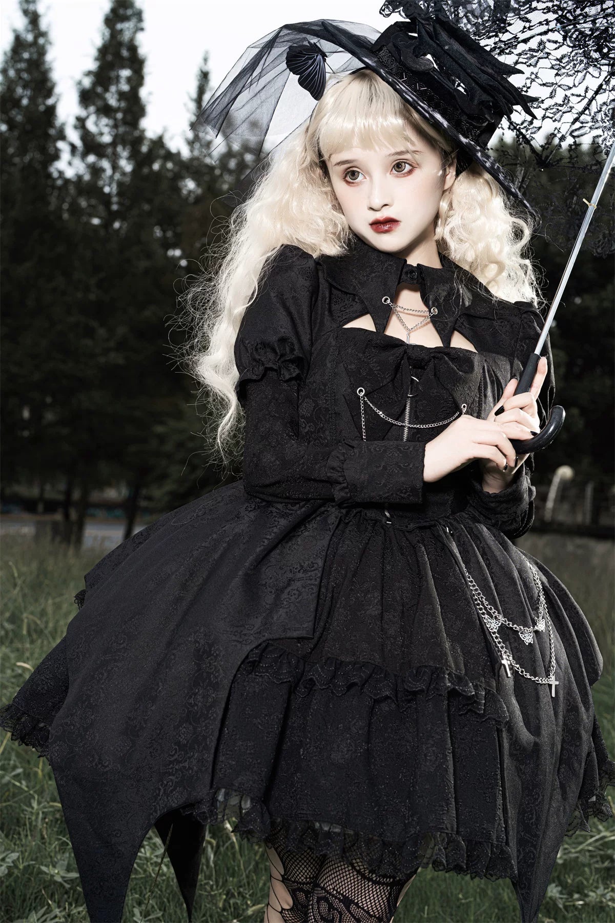 Darknight Creed - Gothic Lolita Jacquard OP, Irregular Hem & Cross Pendants 45847:865302