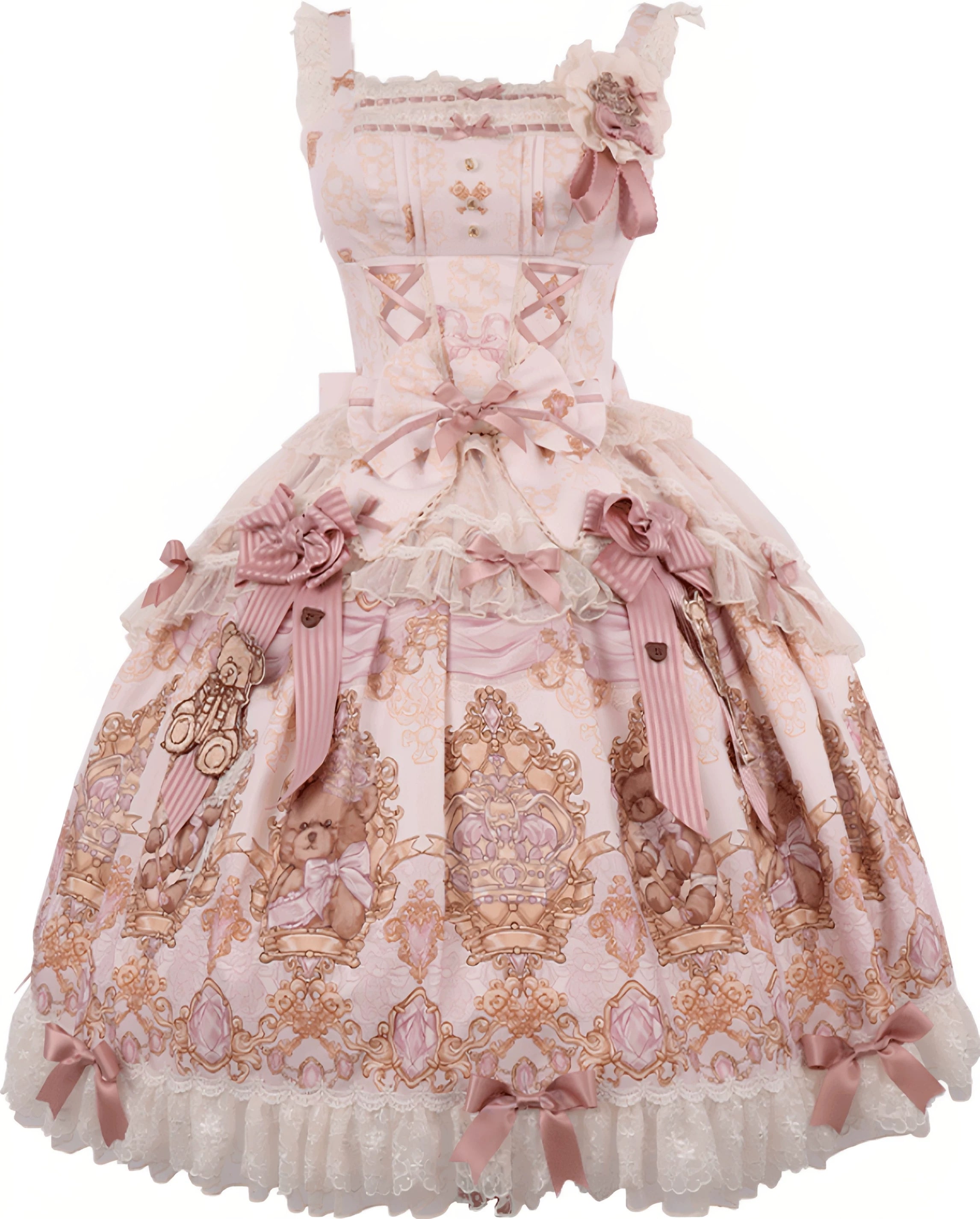 Antique Teddy Bear - Classic Lolita Printed JSK Dress with Ribbon Bows (2XL L M S XL) 45538:853241