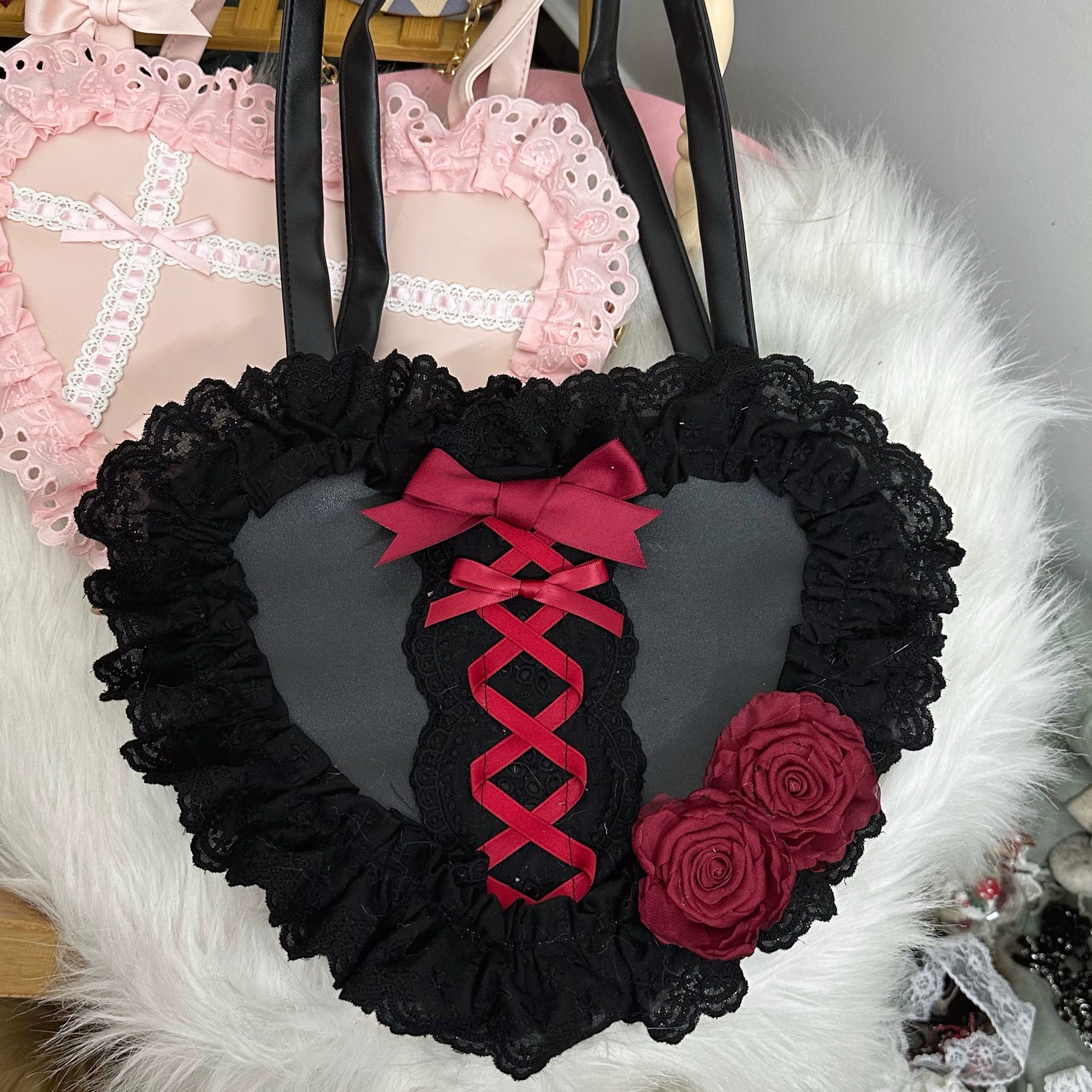 Chestnut Lolita - Sweet Lolita Bag Heart-shaped Lace Bag Multicolors black and red