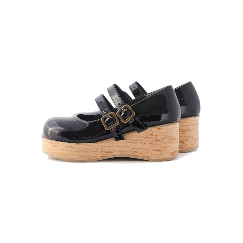 (Buy for me) MODO~Retro Lolita Round Toe Wood Bottom Shoes 34 patent black (low heel) 