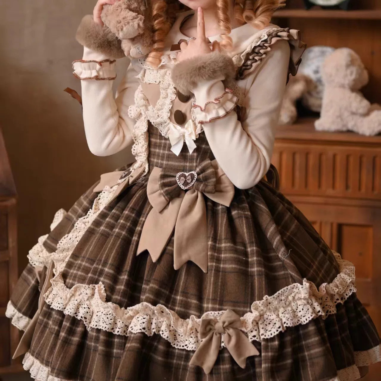 Choco Chestnut - Plaid Kawaii Lolita JSK Dress, Peter Pan Collar Cape (L M S) 44501:810617