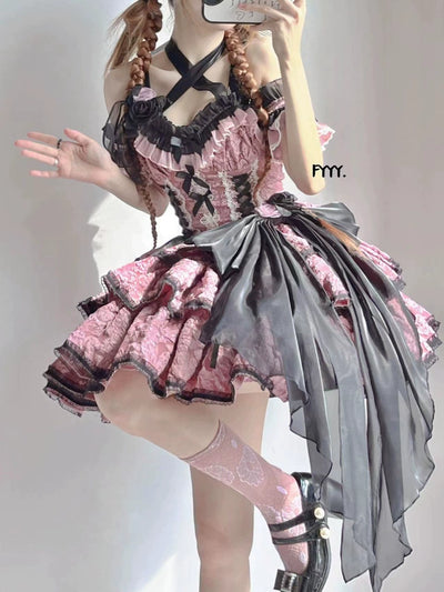 Xingweimian~Medea's Kiss~Gothic Lolita Dress Tiered Hem Pink JSK Dress Set S bow tie 