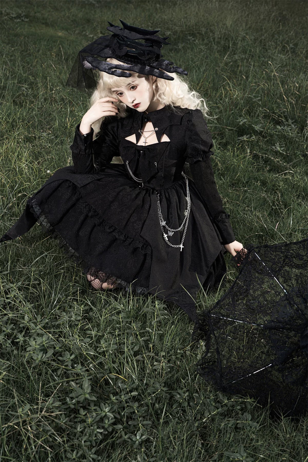 Darknight Creed - Gothic Lolita Jacquard OP, Irregular Hem & Cross Pendants 45847:865303