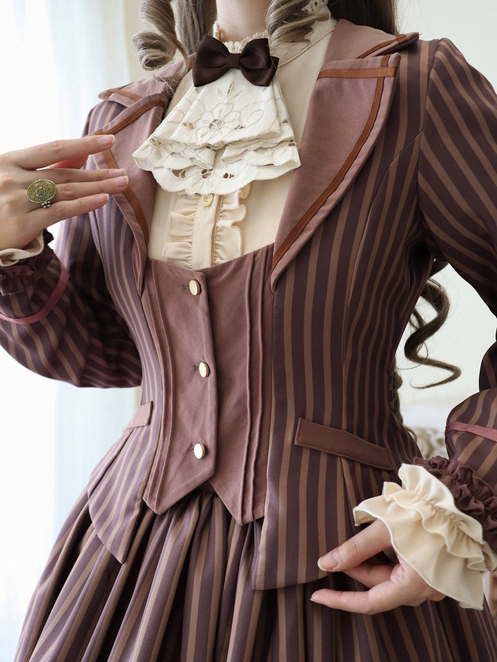 Miss Point~Classical Chocolate~Classic Lolita Jacket Elegant Striped Short Outwear