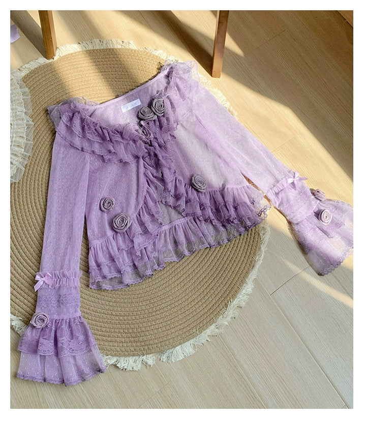 With PUJI~Flower Visage~Summer Lolita Sheer Cardigan with Rose Brooch 42927:759150