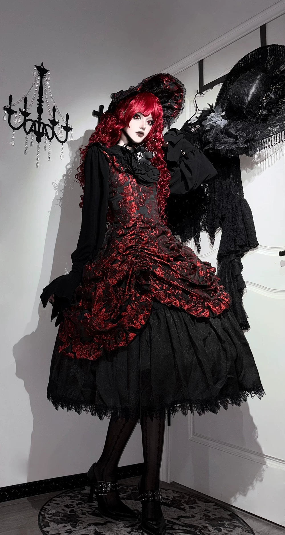Midnight Lily - Gothic Lolita Lily Jacquard JSK Dress, Drawstring Lift-up Hem 45765:861831