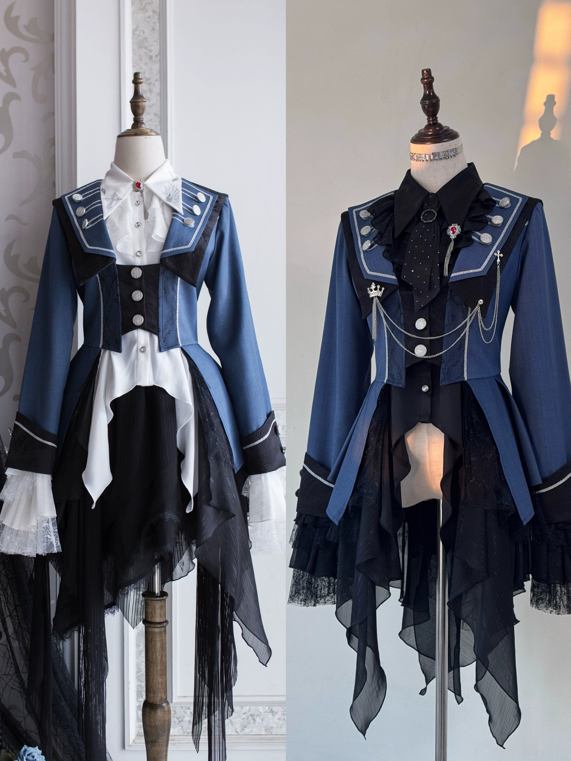 Silent Mars - Raven Crown - Gothic Lolita Suit Shirt Military Coat Skirt and Pants Blue Coat Only (with a faux ruby brooch) S