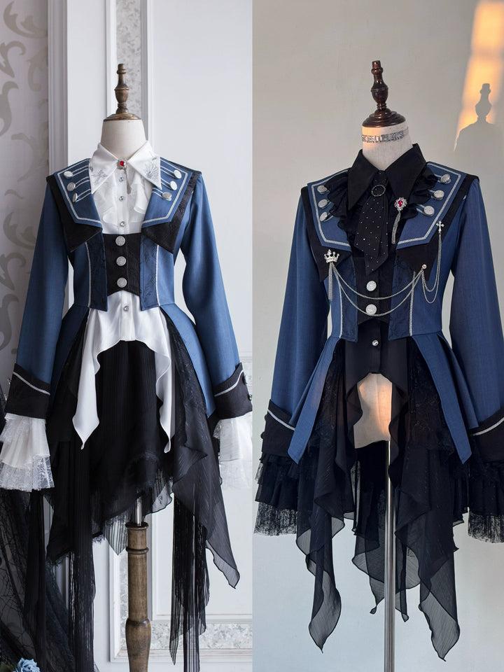 Silent Mars~Raven Crown~Gothic Lolita Suit Shirt Military Coat Skirt and Pants Blue Coat Only (with a faux ruby brooch) S