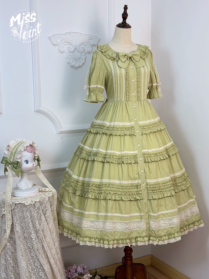 Miss Point~Cat Rose Tea~Elegant Lolita OP Open-front Short Sleeve Tiered Dress 42135:727844