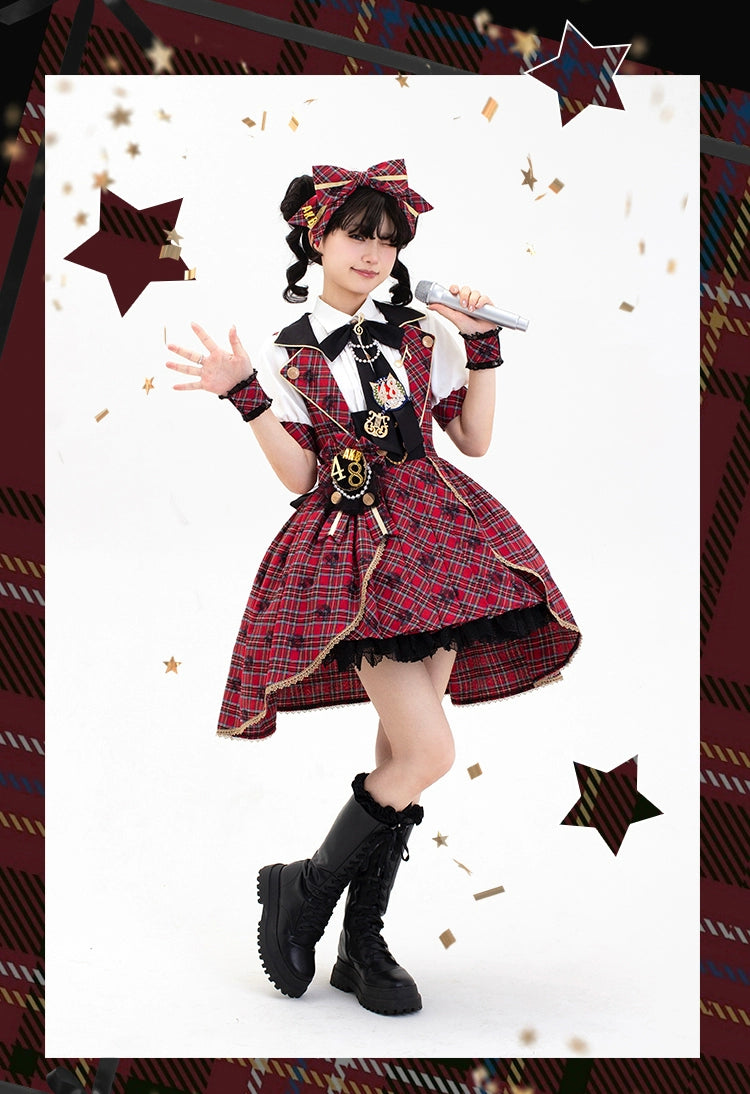 Forest Fluorescent Carps - IP Collab Sweet Lolita Performance Outfit Red Plaid JSK Full Set S JSK set