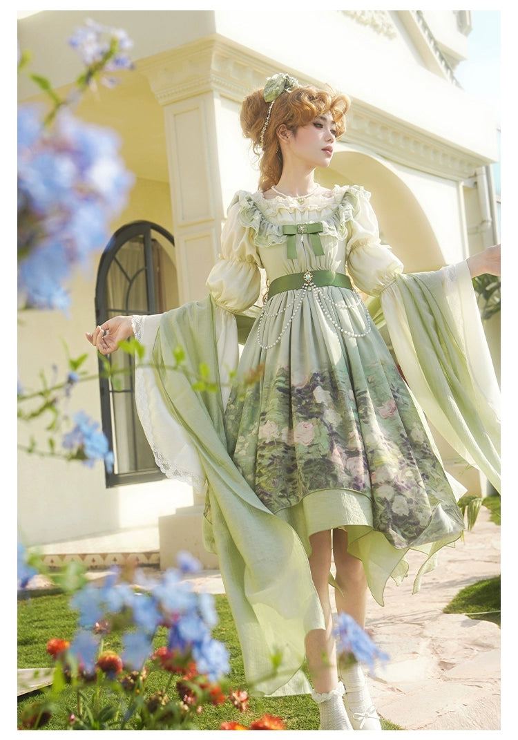 With PUJI~Blooming Rose~Chiffon Classic Lolita Dress Set Painting Styled OP & JSK