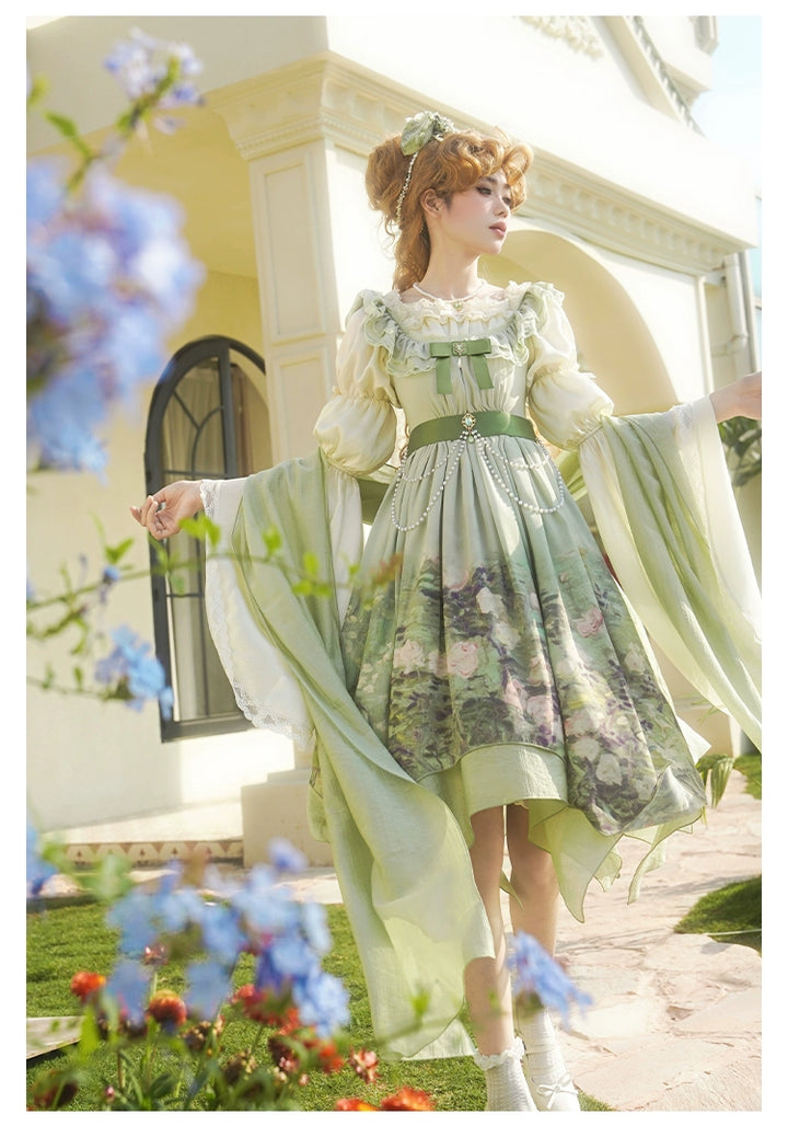 With PUJI~Blooming Rose~Chiffon Classic Lolita Dress Set Painting Styled OP & JSK