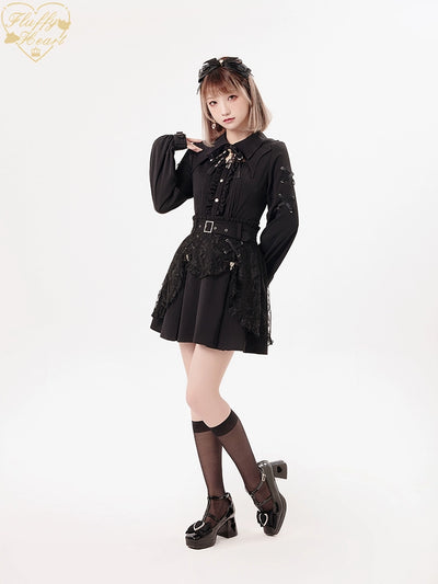 (BFM)Fluffy Heart~Vampire~Jirai Kei Rhinestone Belt Black Lace Double Layers Skirt   