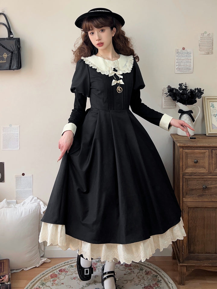 Qianmu~Classic Maid~Gothic Maid Lolita OP Suit with Apron and Jabot