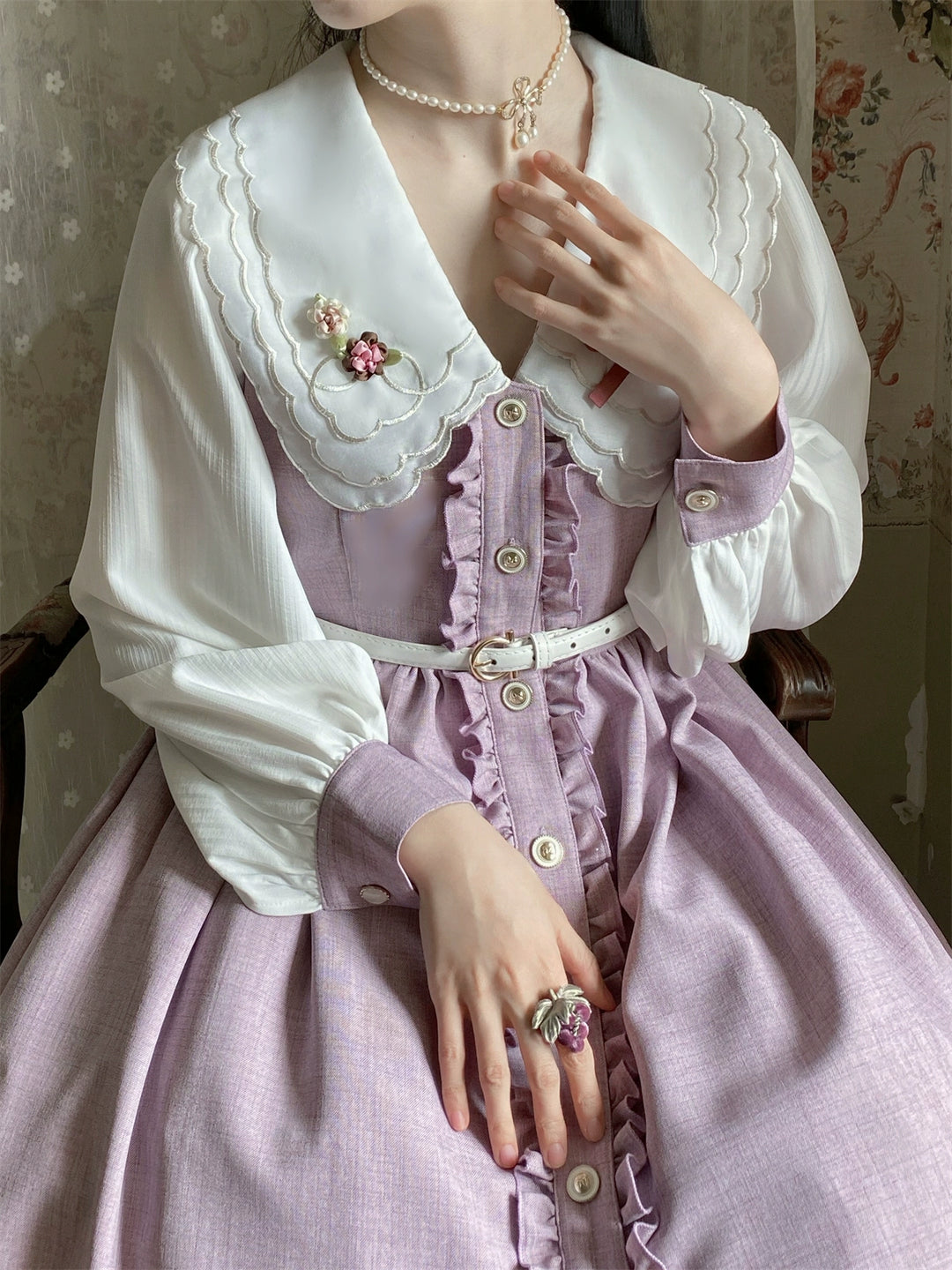 EESSILY~Window Rose~Classic Lolita OP Front Buttoned Embroidery Lolita Dress