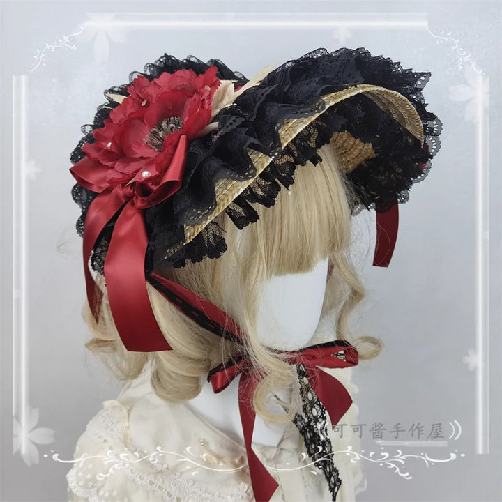 Cocoa Jam~Country Lolita Bonnet Lace Flower Flat Cap Multicolors Customized 36112:524676
