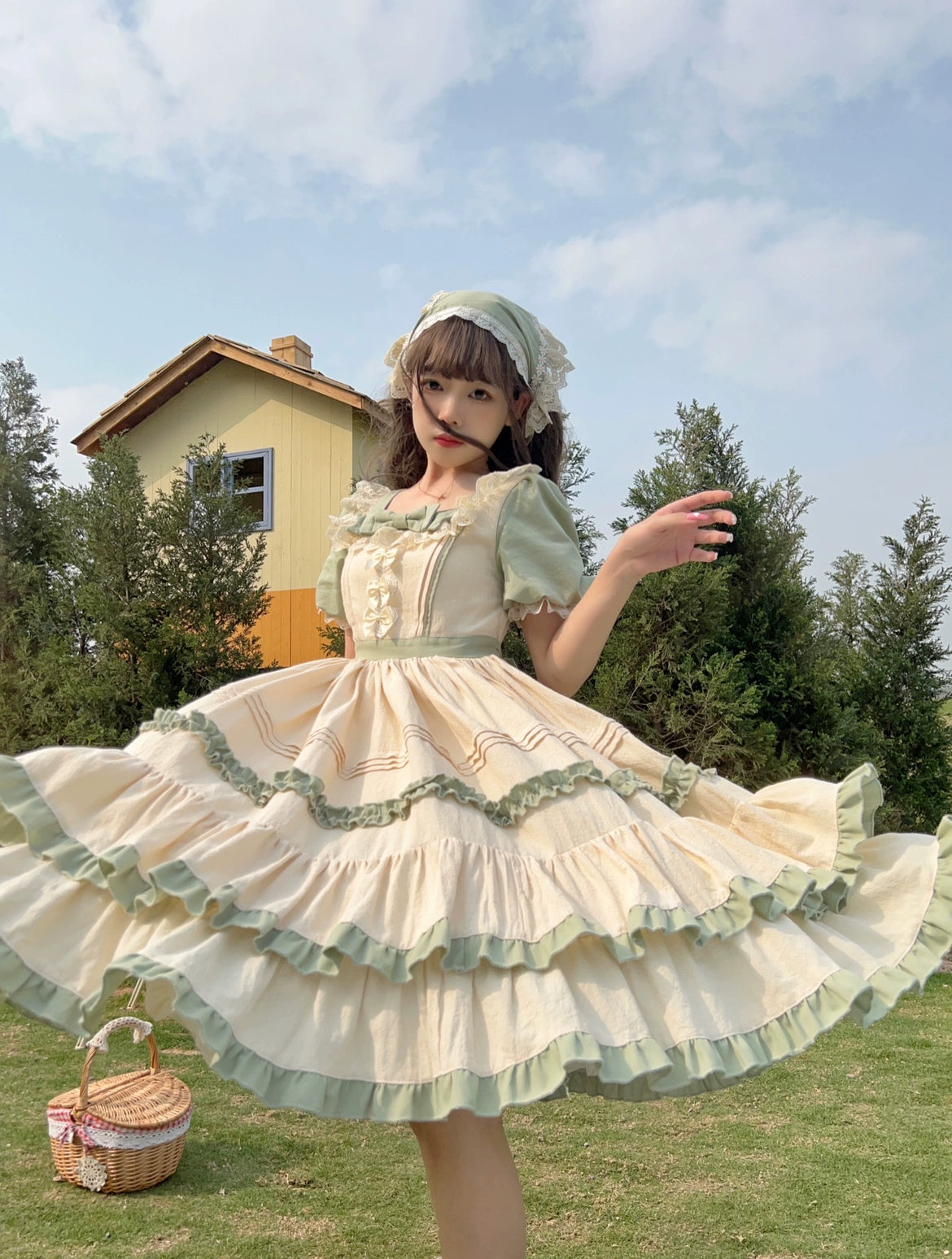 Sugar Girl - Country Lolita OP Dress Short Sleeve Summer Dress Grass Green OP (Long) S