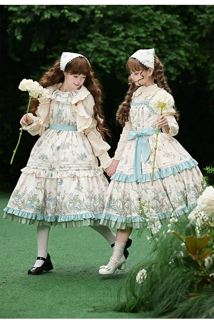 With PUJI - Oriole Time - Country Lolita JSK and OP Dress, Floral and Bird Print 44048:794553