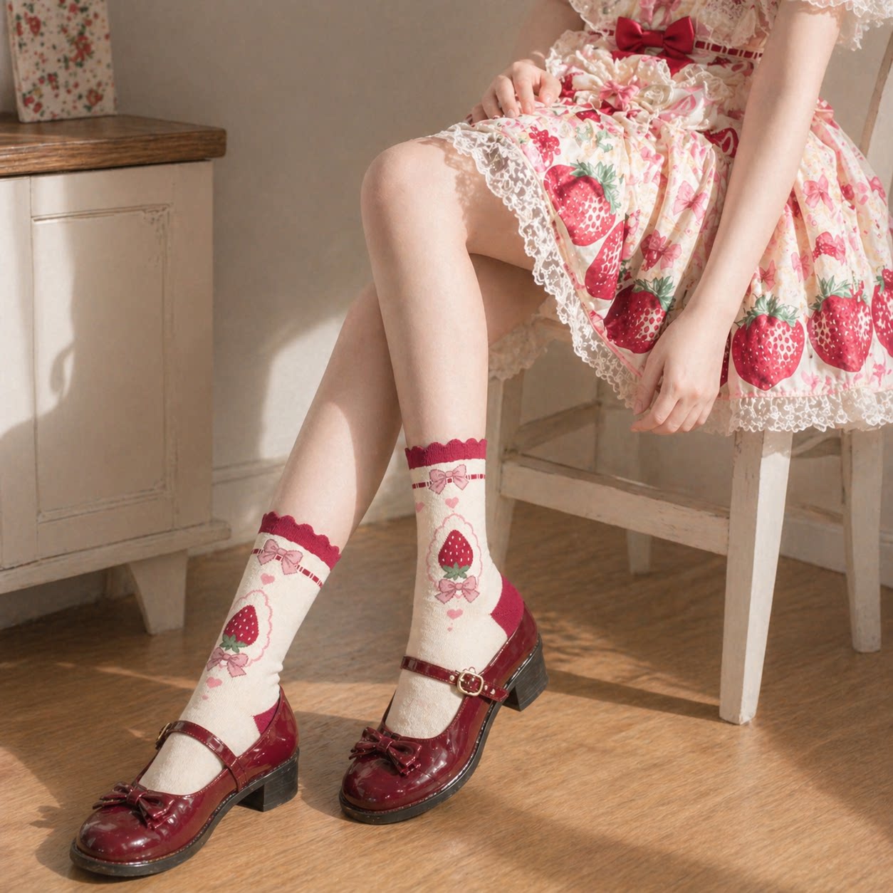 Cotton Sweet Lolita Mid-calf Socks, Strawberry Jacquard (Ivory) 45902:867332