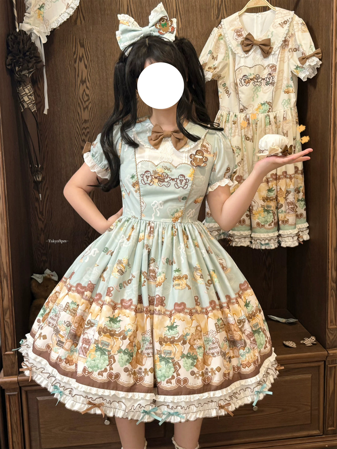 Babyblue~Little Bear Honey Jar~Kawaii Lolita Short Sleeve OP Gingerbread Man Embroidered Dress